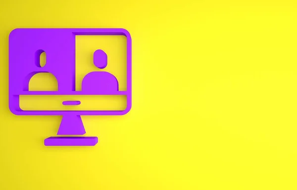 紫色视频聊天会议图标孤立在黄色背景 具有视频聊天接口的计算机在屏幕上活动会话 最低纲领的概念 3D渲染说明 — 图库照片