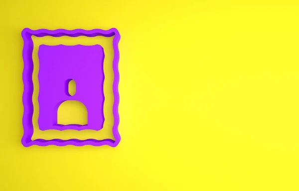 黄色の背景に隔離されたテーブルアイコン上の紫色の画像フレーム バレンタインデーのシンボル 最小限の概念 3Dレンダリング図 — ストック写真