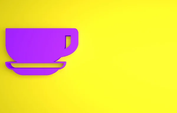 黄色の背景に分離されたパープルコーヒーカップのアイコン ティーカップ ホットドリンクコーヒー 最小限の概念 3Dレンダリング図 — ストック写真