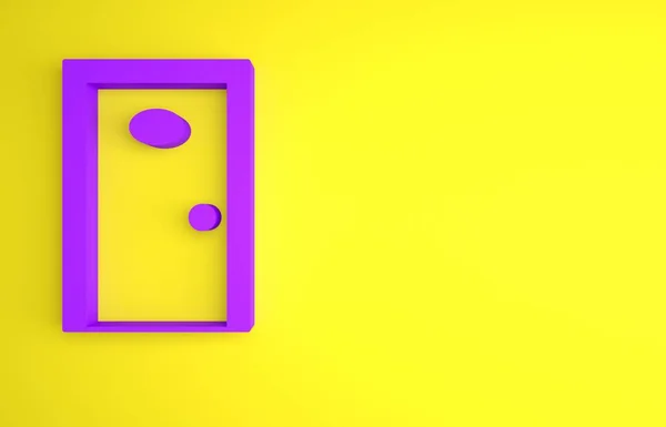 紫色酒店走廊与关闭编号门图标隔离黄色背景 最低纲领的概念 3D渲染说明 — 图库照片