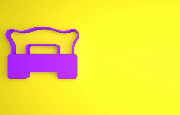 紫色卧室图标孤立在黄色背景 婚姻的象征 卧室创意的图标来自蜜月系列 最低纲领的概念 3D渲染说明 — 图库照片