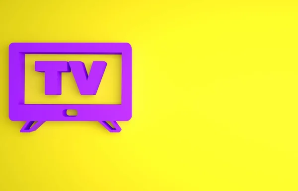 黄色の背景に隔離された紫のスマートテレビのアイコン テレビの看板 最小限の概念 3Dレンダリング図 — ストック写真