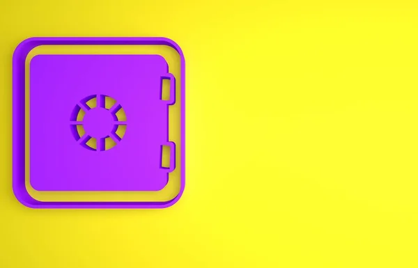 Purple Safe icon isolated on yellow background. The door safe a bank vault with a combination lock. Reliable Data Protection. Minimalism concept. 3D render illustration.