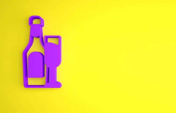 Бутылка Фиолетового Цвета Стеклянным Значком Желтом Фоне Концепция Минимализма Рендеринг — стоковое фото