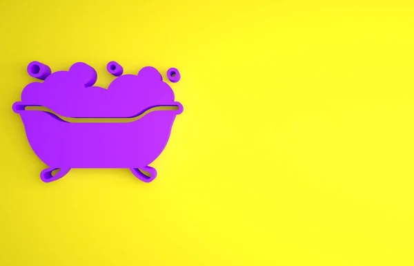泡の泡が入った紫色の浴槽は黄色の背景に隔離されています 最小限の概念 3Dレンダリング図 — ストック写真