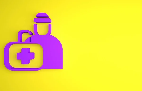 Purple First aid kit icon isolated on yellow background. Medical box with cross. Medical equipment for emergency. Healthcare concept. Minimalism concept. 3D render illustration.