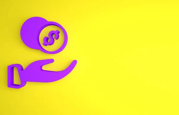 Mano Donación Púrpura Con Icono Dinero Aislado Sobre Fondo Amarillo — Foto de Stock