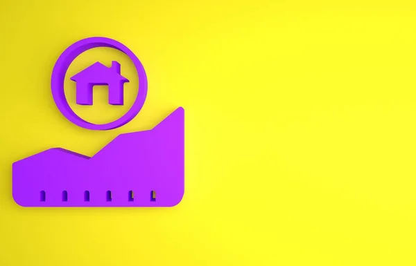 Purple Rising cost of housing icon isolated on yellow background. Rising price of real estate. Residential graph increases. Minimalism concept. 3D render illustration.