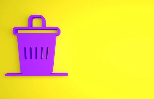 紫色的垃圾堆可以在黄色的背景上被隔离 垃圾箱标志 回收篮图标 办公室垃圾图标 最低纲领的概念 3D渲染说明 — 图库照片