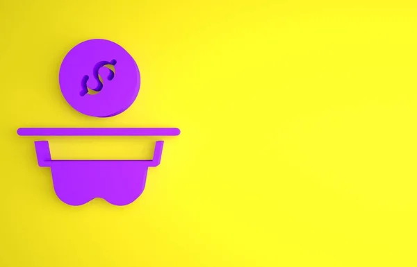 紫色捐款货币图标孤立在黄色背景 手把钱当作捐赠的象征 捐赠资金和慈善概念 最低纲领的概念 3D渲染说明 — 图库照片