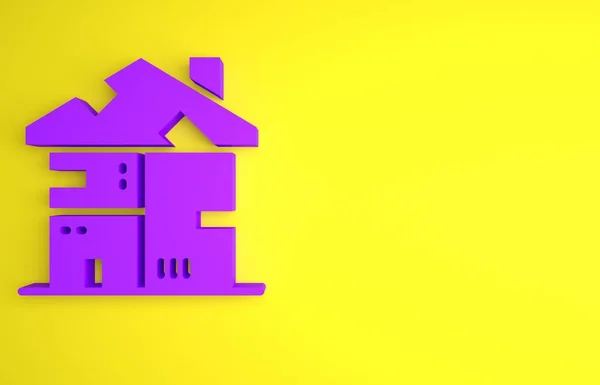Fioletowy Domowy Kartonowy Dom Ikona Odizolowany Żółty Tło Koncepcja Minimalizmu — Zdjęcie stockowe