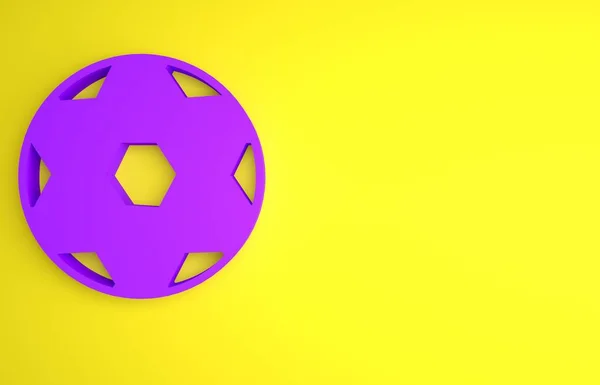 紫色足球图标孤立在黄色背景 运动器材 最低纲领的概念 3D渲染说明 — 图库照片