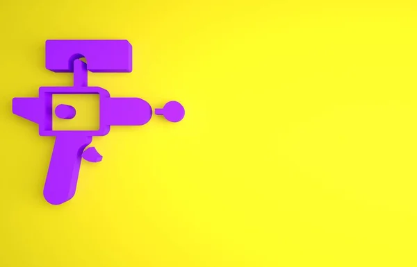紫色雷枪图标孤立在黄色背景 激光武器太空爆破器最低纲领的概念 3D渲染说明 — 图库照片