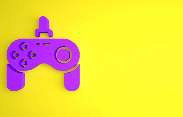 보라색 게임패드 아이콘은 노란색 배경에 분리되어 컨트롤러 미니멀리즘의 개념입니다 렌더링 — 스톡 사진