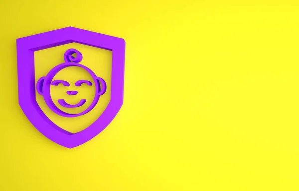 黄色の背景に隔離された盾のアイコン上の紫色の赤ちゃん 子供の安全標識 最小限の概念 3Dレンダリング図 — ストック写真
