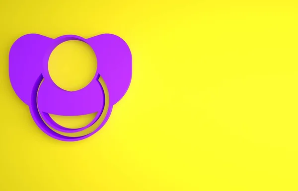黄色の背景に隔離された紫色の赤ちゃんダミーペースメーカーアイコン 子供のおもちゃ 最小限の概念 3Dレンダリング図 — ストック写真