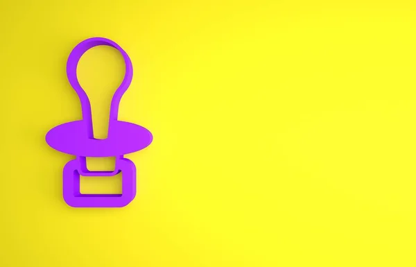紫色婴儿饺子奶嘴图标孤立在黄色背景 一个孩子的玩具 最低纲领的概念 3D渲染说明 — 图库照片