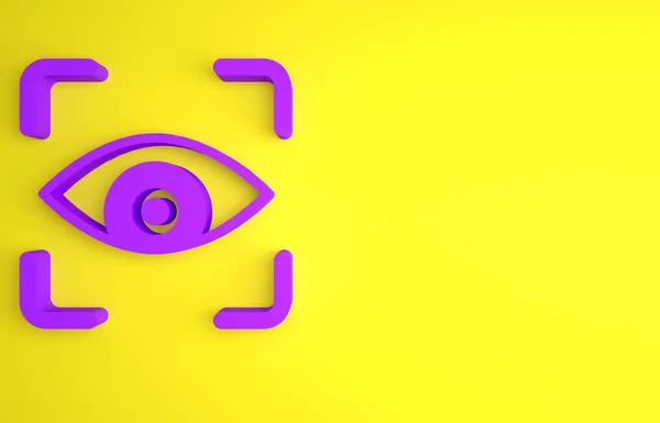 Purple Eye scan icon isolated on yellow background. Scanning eye. Security check symbol. Cyber eye sign. Minimalism concept. 3D render illustration.