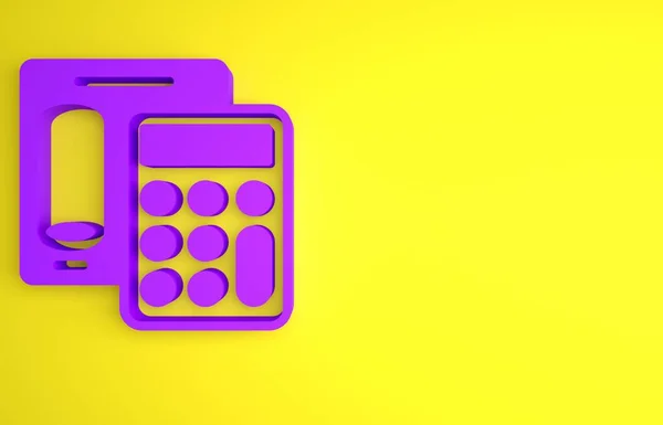 黄色の背景に分離された紫の計算アイコン 会計記号 ビジネス計算数学教育と金融 最小限の概念 3Dレンダリング図 — ストック写真
