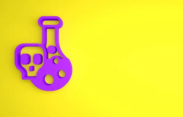 紫色实验室化学烧杯 带有有毒液体图标 在黄色背景上分离 生物危害符号 带有辐射图标的危险符号 最低纲领的概念 3D渲染说明 — 图库照片
