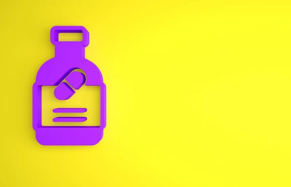 紫色药瓶和药丸图标孤立在黄色背景 瓶装药丸标志 药房设计 最低纲领的概念 3D渲染说明 — 图库照片