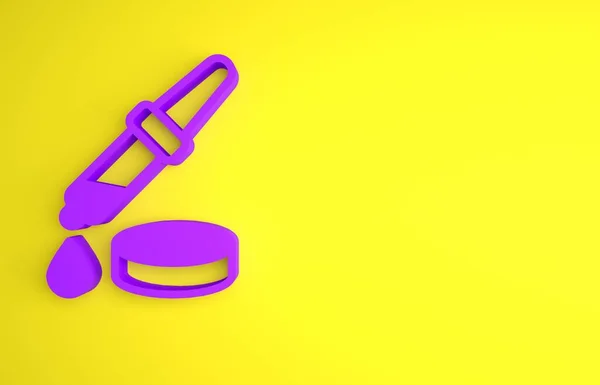 黄色の背景に分離された紫色のピペットアイコン 化学研究室の機器の要素 ピペットを落とせ 医学のシンボル 最小限の概念 3Dレンダリング図 — ストック写真
