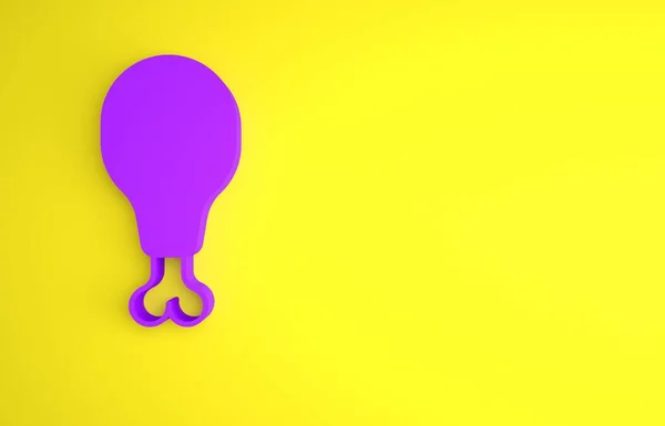 黄色の背景に分離された紫色のチキンレッグアイコン チキン ドラムスティック 最小限の概念 3Dレンダリング図 — ストック写真