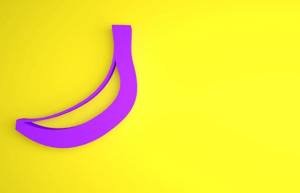 黄色の背景に分離された紫色のバナナアイコン 最小限の概念 3Dレンダリング図 — ストック写真