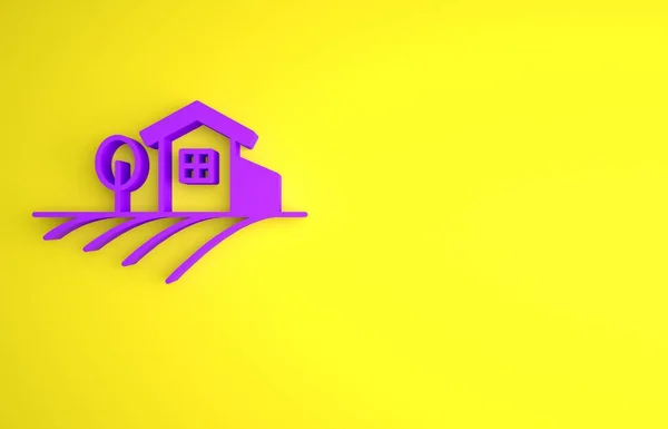 stock image Purple Village landscape icon isolated on yellow background. Minimalism concept. 3D render illustration.