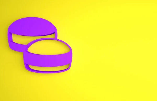 紫色马卡龙饼干图标孤立在黄色背景 栗色甜面包店 最低纲领的概念 3D渲染说明 — 图库照片