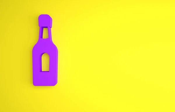 黄色の背景に分離されたパープルシャンパンボトルのアイコン 最小限の概念 3Dレンダリング図 — ストック写真