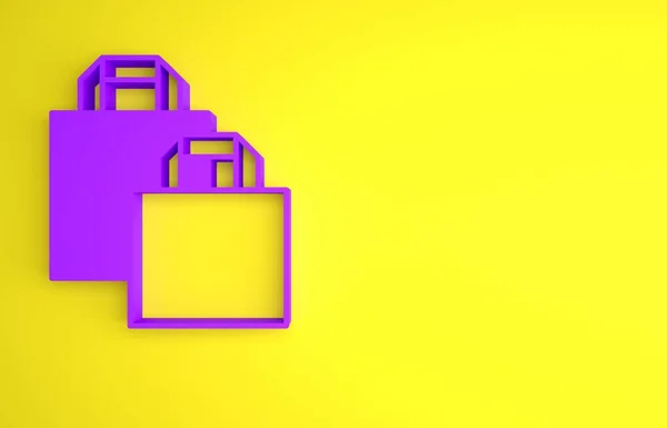 Paars Papieren Boodschappentas Pictogram Geïsoleerd Gele Achtergrond Pakketbord Minimalisme Concept — Stockfoto