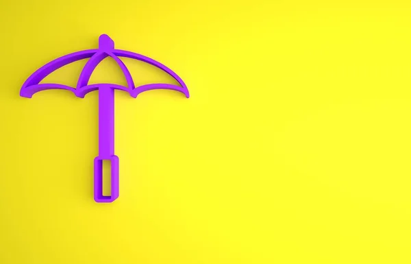 黄色の背景に隔離されたビーチアイコンのための紫の太陽保護傘 屋外空間のための大きなパラソル ビーチ傘 最小限の概念 3Dレンダリング図 — ストック写真