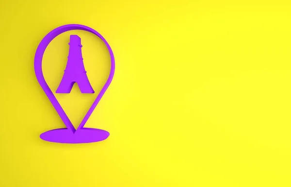 紫色埃菲尔铁塔图标孤立在黄色背景 法国巴黎的标志性标志 最低纲领的概念 3D渲染说明 — 图库照片