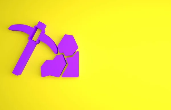 黄色の背景に分離された紫色の金採掘アイコン 最小限の概念 3Dレンダリング図 — ストック写真