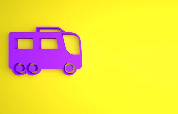 黄色の背景に分離された紫色のバスアイコン 輸送コンセプト バスツアー輸送 観光や公共車両のシンボル 最小限の概念 3Dレンダリング図 — ストック写真