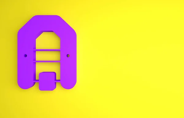 黄色の背景に隔離された紫色のラフティングボートアイコン パドル付きのインフレータブルボート ウォータースポーツ 極端なスポーツ 最小限の概念 3Dレンダリング図 — ストック写真