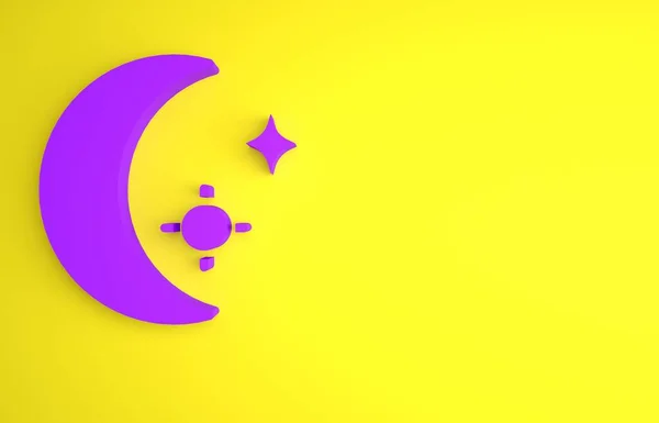 黄色の背景に紫色の月と星のアイコンが孤立しています 曇った夜の看板 睡眠夢のシンボル 満月だ 夜やベッドの時刻表示 最小限の概念 3Dレンダリング図 — ストック写真