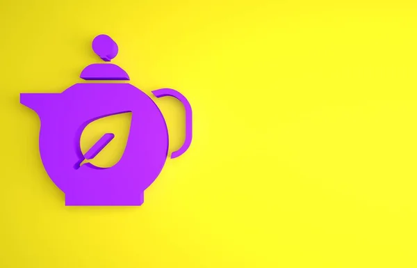 Фіолетовий Чайник Іконою Листя Ізольований Жовтому Тлі Концепція Мінімалізму Ілюстрація — стокове фото