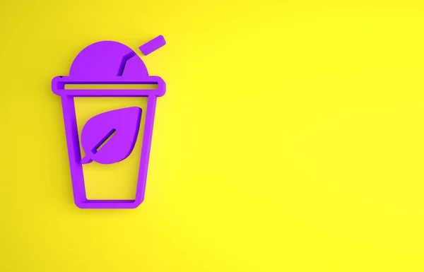 Lila Tasse Tee Mit Blattsymbol Auf Gelbem Hintergrund Süße Natürliche — Stockfoto