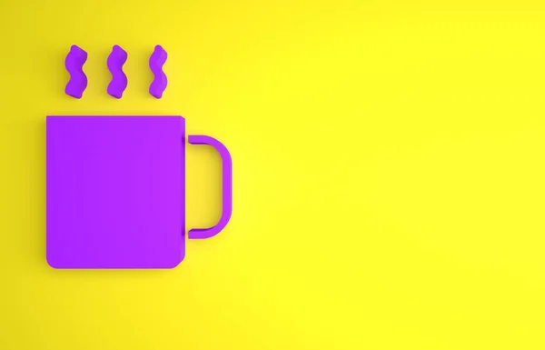 黄色の背景に単離されたお茶のアイコンのパープルカップ 最小限の概念 3Dレンダリング図 — ストック写真
