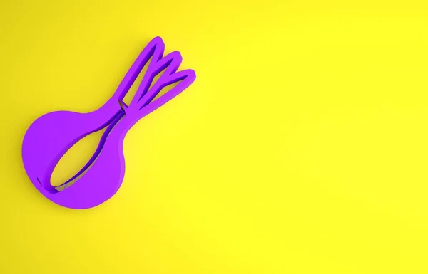 黄色の背景に紫色のタマネギのアイコンが単離された 最小限の概念 3Dレンダリング図 — ストック写真