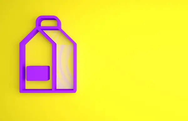 紫色纸包 牛奶图标分离黄色背景 牛奶包装标志 最低纲领的概念 3D渲染说明 — 图库照片