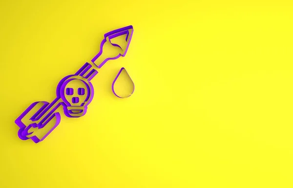 黄色背景上孤立的箭头图标上的紫色毒液 有毒的箭 最低纲领的概念 3D渲染说明 — 图库照片