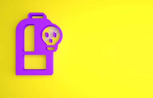 黄色の背景に単離された毒性の液体アイコンを持つ紫研究室の化学ビーカー バイオハザードシンボル 放射線アイコンと危険なシンボル 最小限の概念 3Dレンダリング図 — ストック写真
