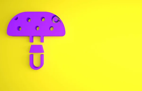 紫色のアマニタ マスカリアまたは黄色の背景に隔離された飛ぶ農業用幻覚剤のスツールキノコのアイコン 毒キノコを見つけた 最小限の概念 3Dレンダリング図 — ストック写真