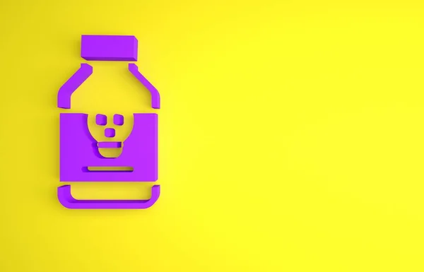 紫色中毒药丸图标孤立在黄色背景 用毒液填饱肚子危险药物 最低纲领的概念 3D渲染说明 — 图库照片