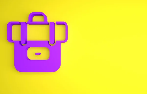 紫色远足背包图标孤立在黄色背景 露营和山地探险背包 最低纲领的概念 3D渲染说明 — 图库照片
