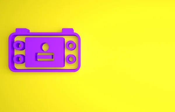 보라색 포터블 비디오 아이콘은 노란색 배경에 분리되어 휴대용 미니멀리즘의 개념입니다 — 스톡 사진