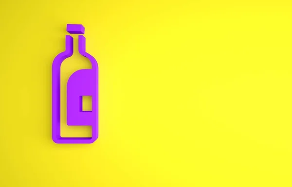 黄色の背景に単離されたワインアイコンの紫色のボトル 最小限の概念 3Dレンダリング図 — ストック写真